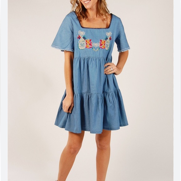 Easel Los Angeles Dresses & Skirts - Easel Embroidered Tiered Chambray Babydoll Dress